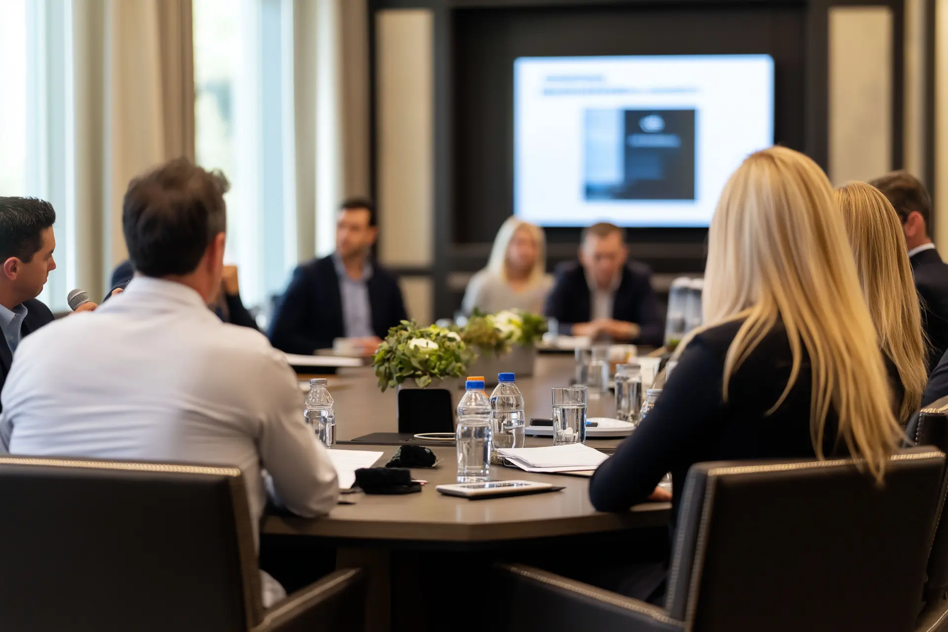 Business professionals in a strategic meeting in a modern conference room with a digital display